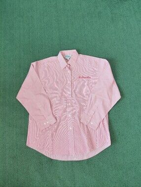 Las Olas Red & White Pinstriped Nebraska Button Up Dress Shirt Sz Medium